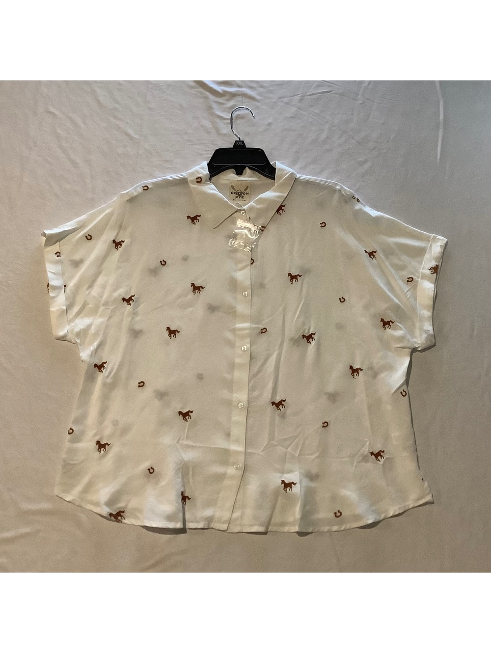 White Rayon Button-Up Shirt with Brown Horse and Horseshoe Embroidery, Size XL